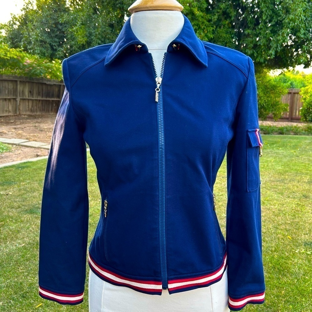 St. John Sport Blue Jacket Red Embellishment Gold Hardware Size Small